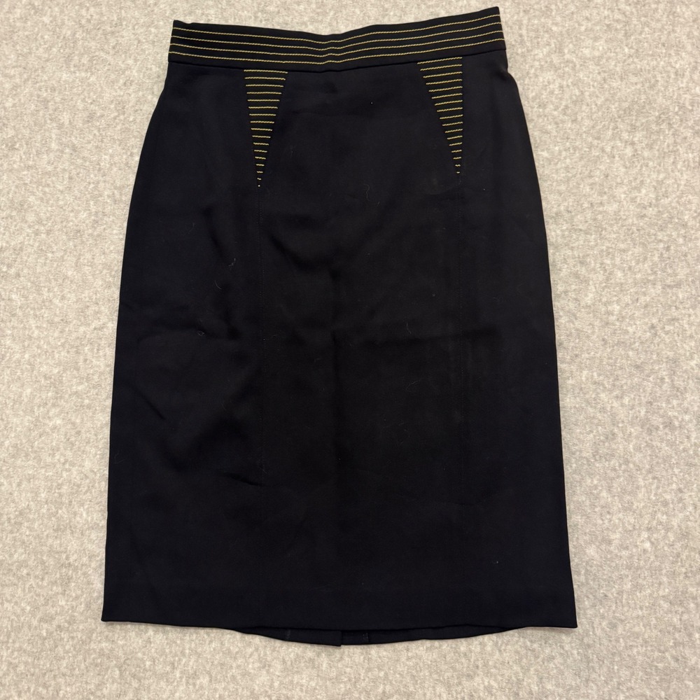VTG Escada Margaretha Ley Black Virgin Wool Pencil Skirt Gold Stitching Size 34